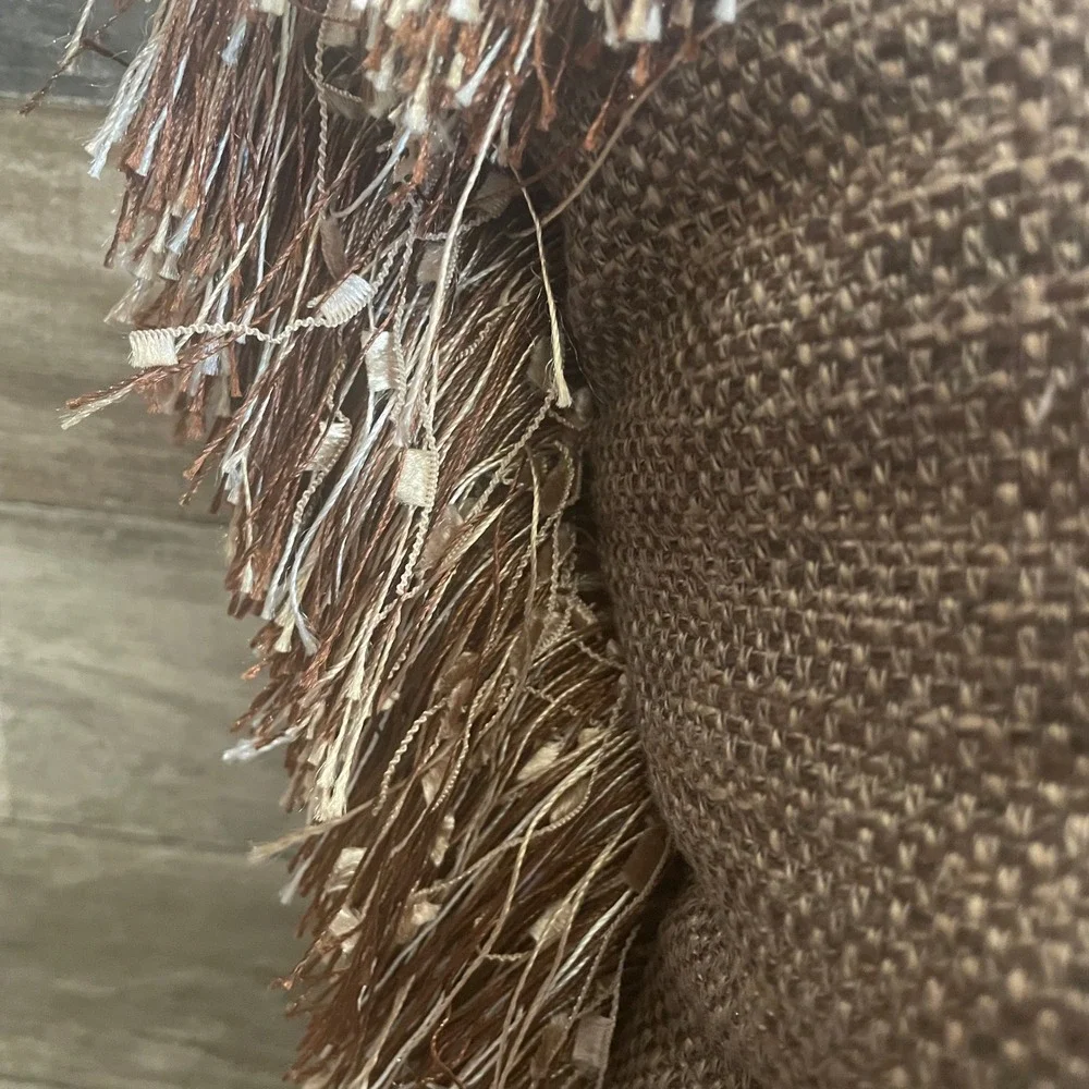 Pier 1 Imports Brown Burlap Woven Throw Pillow with Eyelash Fringe Trim confetti